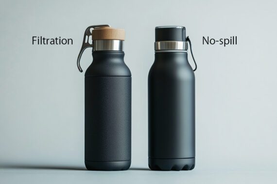 Screenshot of two water bottles: filtration and no-spill.