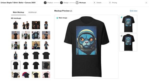 Printful screen showing the mockups of the AI-image t-shirt Printful screen showing the mockups of the AI-image t-shirt