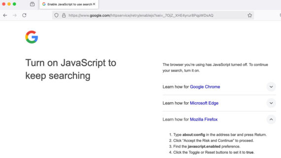 Screenshot of Google Search page with the notice, "Turn on JavaScript to keep searching."