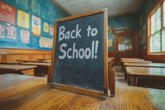 Photo of a classroom with a sign reading "Back to School!"