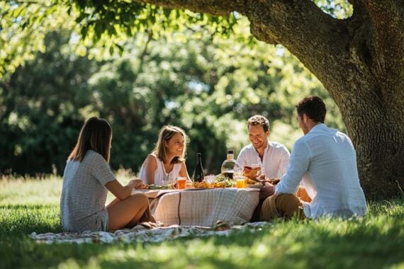 Photo of four adults picnicing beneath a tree