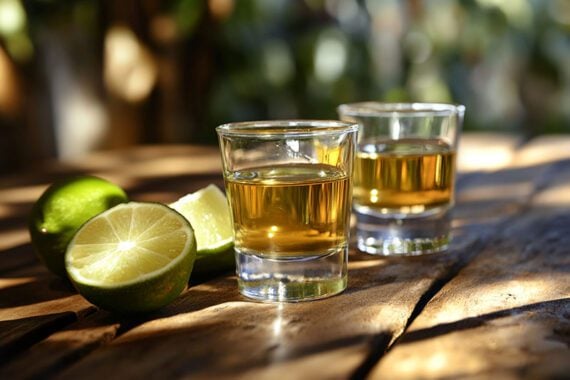 Photo of two shot glasses containing tequilla.