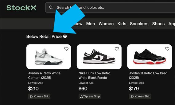 StockX's label, "Below Retail Price," anchors attention and communicates value.