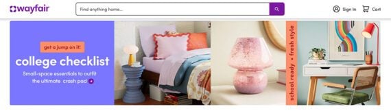 Screenshot of Wayfair's "college checklist" section.