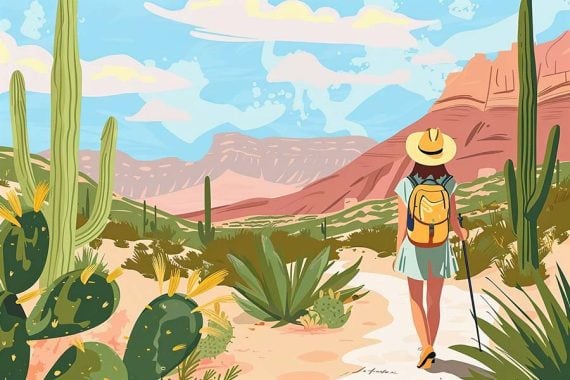 AI-generated image of a female hiking in the desert.