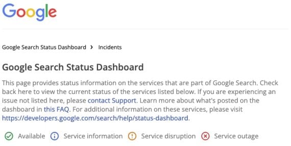Home page of Google Search Status Dashboard