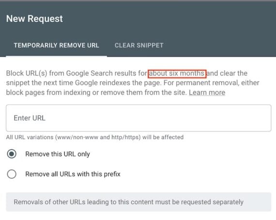 Screenshot of Google Search Console’s “New Request” dialog under the “Temporarily Remove URL” tab. The interface allows users to block URLs from Google Search results for about six months. Options include entering a URL, choosing to remove only that URL or all URLs with the same prefix, and proceeding with a “Next” button.