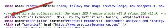 Screenshot of Practical Ecommerce's title tag in the HTML.