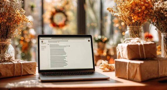 Photo of a laptop computer on a desk with holiday decorations