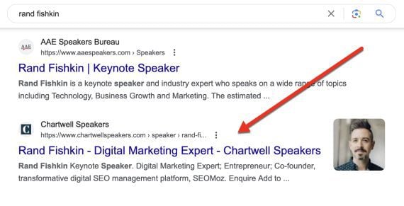 Screeenshot of search results for "Rand Fishkin" showing pages on speaker bureau sites.