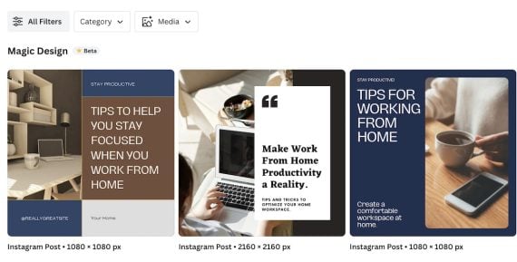 Screenshot from Canva of three social media posts from the prompt "How to improve productivity when working from home."