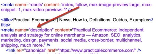Screenshot of Practical Ecommerce's home page meta description.