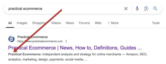 Screenshot of the meta description for Practical Ecommerce’s home page in Google’s search results.