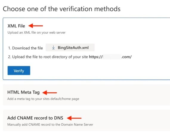 Screenshot of the the verification page on Webmaster Tools