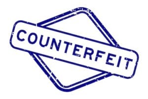 Grunge blue counterfeit word rubber square seal stamp on white background