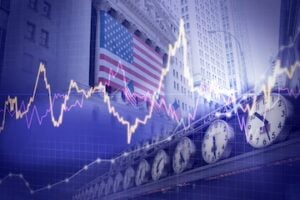 Illustration of a line chart with a U.S. flag in a stock exchange setting