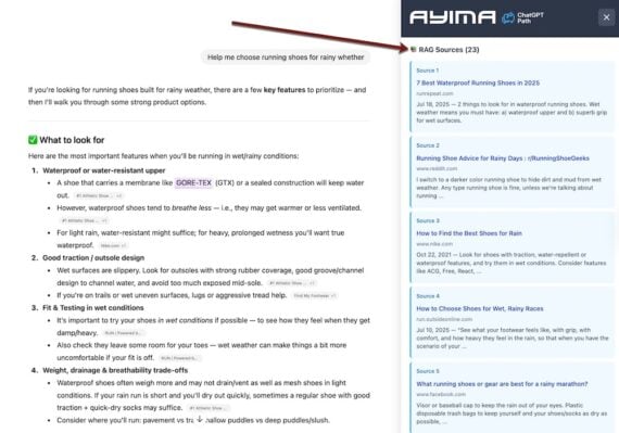 ChatGPT conversation on choosing running shoes for rainy weather displayed on the left, with a ChatGPT Path sidebar on the right. The sidebar is labeled ‘RAG Sources (23)’ and lists numbered source cards with titles and snippets from websites such as runrepeat.com, Reddit, Nike.com, Outside Online, and Facebook. The main chat response includes a checklist of features to look for in rainy-condition running shoes, with brand and retailer citations highlighted inline.