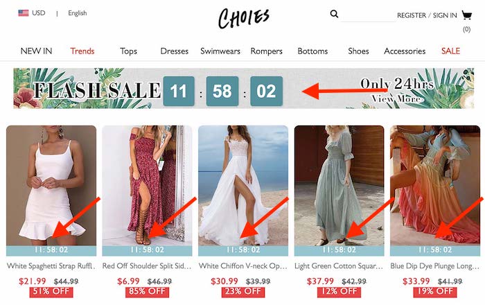 Fashion category page with a countdown timer showing how much longer you have to buy.