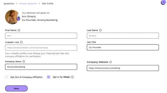 Screenshot of the profile page of Ann Smarty, a Featured account holder.