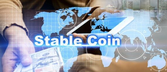 Illustration of a flat world map with the words "stable coin" next to dollar bills.