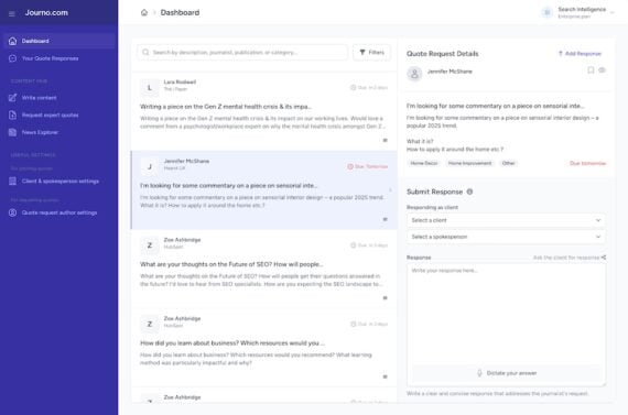 Screenshot of a Journo.com dashboard.