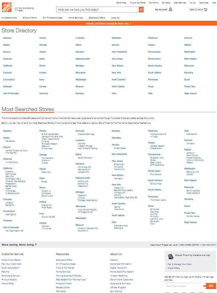 The Home Depot’s landing page links to every state, city, and location.