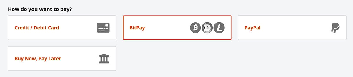 Checkout buttons for credit card, crypto and mobile wallets.