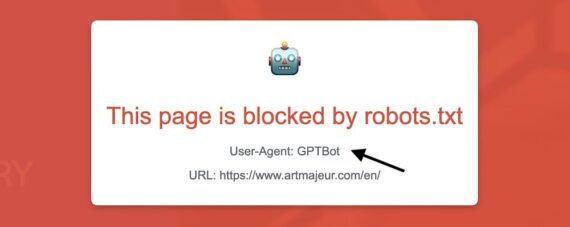 Warning message from RoboView with robot icon stating 'This page is blocked by robots.txt' for user-agent GPTBot on URL https://www.artmajeur.com/en/."
