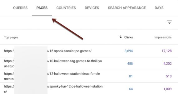 Screenshot of Search Console's Pages tab.