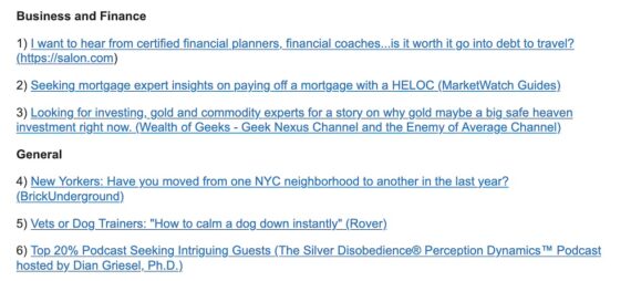 Sample Sources of Sources newsletter showing two categories, each with three requests from journalists.