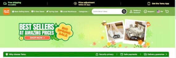 Home page of Temu on a web browser