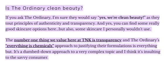 Screenshot of a text excerpt from TNK Beautry questioning if The Ordinary, a competitor, is “clean beauty.” 