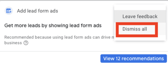 Screenshot of a recommendation reading "Add lead form ads."