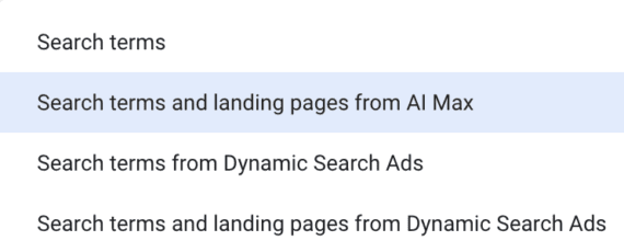 Screenshot of the "search term" options